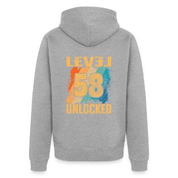 Geburtstag Geschenk Level Unlocked 58 Jahre - Unisex Premium Bio Zip Hoodie - Grau meliert - Hinten - Nico (187cm)