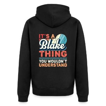 Name Blake Geschenk Geburtstag Namenstag - Unisex Premium Bio Zip Hoodie - Schwarz - Hinten - Nico (187cm)