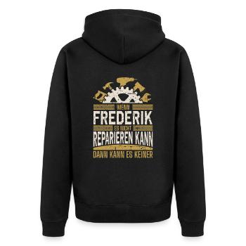Frederik Name Geschenk Geburtstag - Unisex Premium Bio Zip Hoodie - Schwarz - Hinten - Nico (187cm)