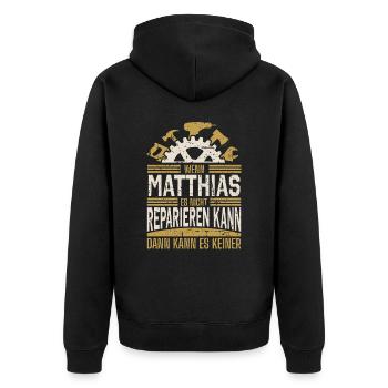 Matthias Name Geschenk Geburtstag - Unisex Premium Bio Zip Hoodie - Schwarz - Hinten - Nico (187cm)