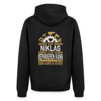 Niklas Name Geschenk Geburtstag - Unisex Premium Bio Zip Hoodie - Schwarz - Hinten - Nico (187cm)