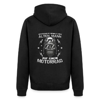 Unterschätze niemals alten Mann auf dem Motorrad - Unisex Premium Bio Zip Hoodie - Schwarz - Hinten - Nico (187cm)