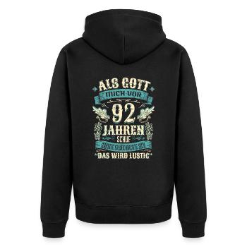 92 Geburtstag Geschenk Jahre Lustig Spruch - Unisex Premium Bio Zip Hoodie - Schwarz - Hinten - Nico (187cm)