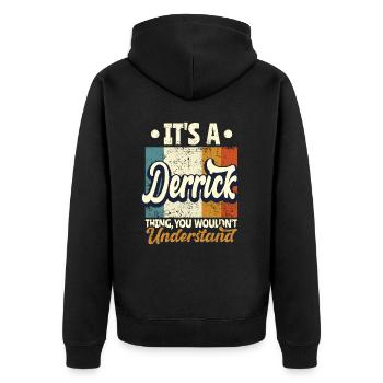 Nom Derrick Cadeau Citation d’anniversaire - Veste à capuche bio Premium Unisexe - noir - Dos - Nico (187cm)