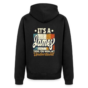 Name James Geschenk Geburtstag Spruch - Unisex Premium Bio Zip Hoodie - Schwarz - Hinten - Nico (187cm)
