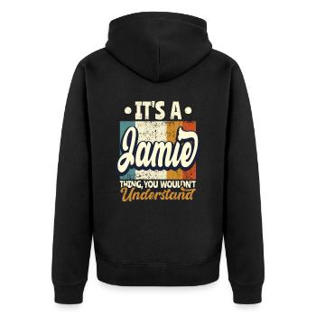 Name Jamie Gift Birthday Quote - Unisex Premium Organic Zip Hoodie - black - Back - Nico (187cm)