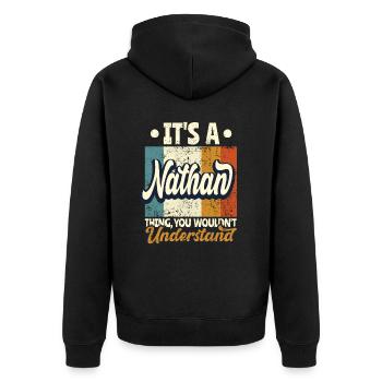 Name Nathan Geschenk Geburtstag Spruch - Unisex Premium Bio Zip Hoodie - Schwarz - Hinten - Nico (187cm)