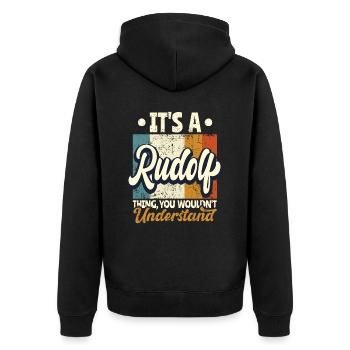 Nom Rudolf Cadeau Anniversaire Dire - Veste à capuche bio Premium Unisexe - noir - Dos - Nico (187cm)
