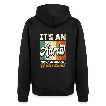 Name Aaron Geschenk Vorname Personalisiert - Unisex Premium Bio Zip Hoodie - Schwarz - Hinten - Nico (187cm)