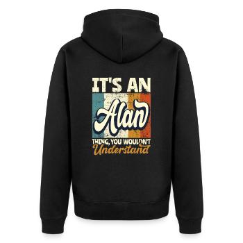 Name Alan Geschenk Vorname Personalisiert - Unisex Premium Bio Zip Hoodie - Schwarz - Hinten - Nico (187cm)