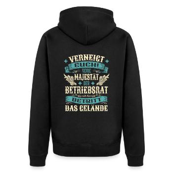 Betriebsrat Geschenk Lustige Sprüche - Unisex Premium Bio Zip Hoodie - Schwarz - Hinten - Nico (187cm)