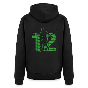 Fußball soccer sport Fußballer Fußballplatz NR.12 - Unisex Premium Bio Zip Hoodie - Schwarz - Hinten - Nico (187cm)