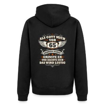Als Gott mich vor 65 Jahren schuf 65 Geburtstag - Unisex Premium Bio Zip Hoodie - Schwarz - Hinten - Nico (187cm)