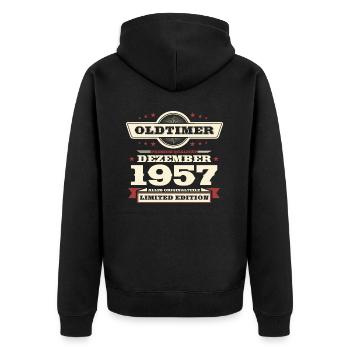 66. Geburtstag Oldtimer Dezember Jahrgang 1957 - Unisex Premium Bio Zip Hoodie - Schwarz - Hinten - Nico (187cm)