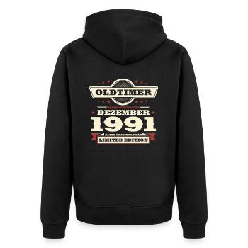 32. Geburtstag Oldtimer Dezember Jahrgang 1991 - Unisex Premium Bio Zip Hoodie - Schwarz - Hinten - Nico (187cm)