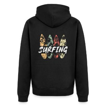 Surfing - Retro - Hawaii Tiki Surfer UsedLook 80s - Unisex Premium Bio Zip Hoodie - Schwarz - Hinten - Nico (187cm)