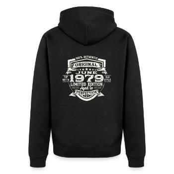 44e anniversaire Juin Millésime 1979 Bouclier Original - Veste à capuche bio Premium Unisexe - noir - Dos - Nico (187cm)