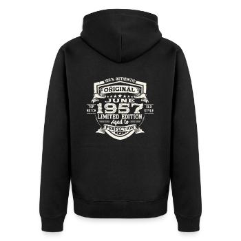 66e anniversaire Juin Millésime 1957 Bouclier original - Veste à capuche bio Premium Unisexe - noir - Dos - Nico (187cm)
