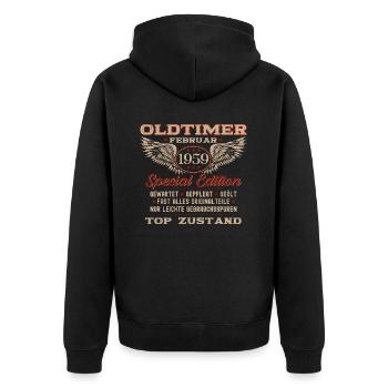 65. Geburtstag Oldtimer Februar Jahrgang 1959 - Unisex Premium Bio Zip Hoodie - Schwarz - Hinten - Nico (187cm)