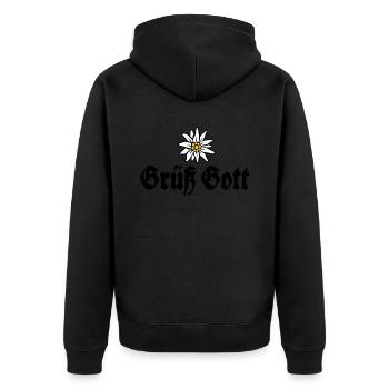 Grüß Gott - Alpen Edelweiß aus Bayern - Unisex Premium Bio Zip Hoodie - Schwarz - Hinten - Nico (187cm)