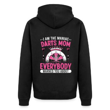 I am the maniac darts mom - Unisex Premium Bio Zip Hoodie - Schwarz - Hinten - Nico (187cm)