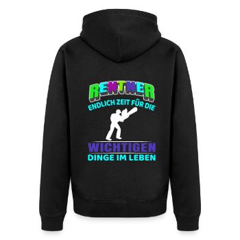 Pensioner Pension Start of Retirement Chainsaw Forestry Worker - Unisex Premium Organic Zip Hoodie - black - Back - Nico (187cm)