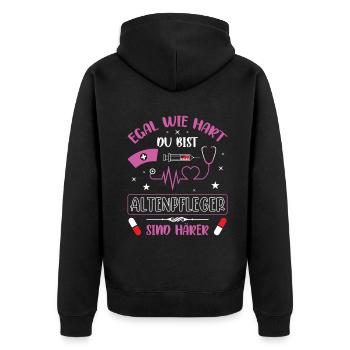 Altenpfleger Geschenk Altenpflege Pflegefachkraft - Unisex Premium Bio Zip Hoodie - Schwarz - Hinten - Nico (187cm)