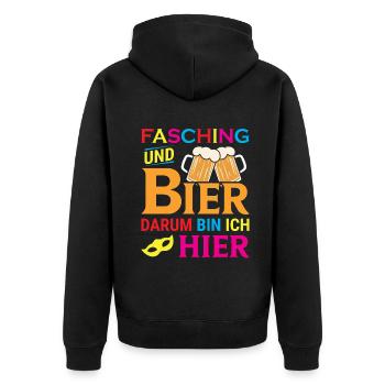 Fasching und Bier darum bin ich hier - Unisex Premium Bio Zip Hoodie - Schwarz - Hinten - Nico (187cm)