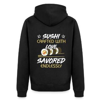 Sushi Japan Essen Sushi-Mahlzeit - Unisex Premium Bio Zip Hoodie - Schwarz - Hinten - Nico (187cm)