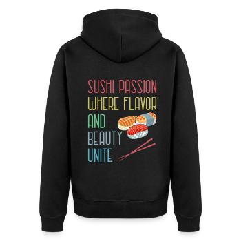 Sushi Japan Essen Sushi-Mahlzeit - Unisex Premium Bio Zip Hoodie - Schwarz - Hinten - Nico (187cm)