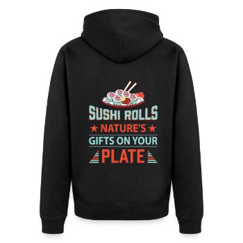 Sushi Japan Essen Sushi-Mahlzeit - Unisex Premium Bio Zip Hoodie - Schwarz - Hinten - Nico (187cm)