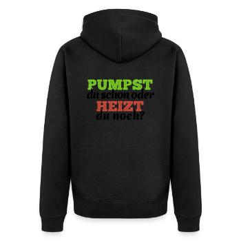 Pumpst du schon oder heizt du noch Elektro Heizung - Unisex Premium Bio Zip Hoodie - Schwarz - Hinten - Nico (187cm)