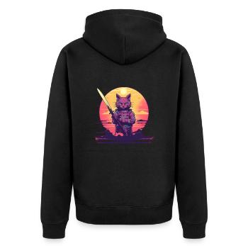 Synthwave samurai Cat sunset - Unisex Premium Bio Zip Hoodie - Schwarz - Hinten - Nico (187cm)