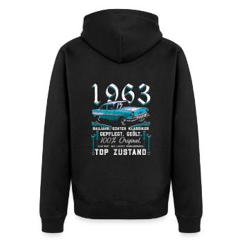 Oldtimer Baujahr 1963 - 60. Geburtstag - Unisex Premium Bio Zip Hoodie - Schwarz - Hinten - Nico (187cm)