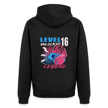 Level 16 Unlocked - Unisex Premium Organic Zip Hoodie - black - Back - Nico (187cm)