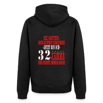 Jahrgang 32 Jahre - Geburtstagsgeschenk 32 Jahre - Unisex Premium Bio Zip Hoodie - Schwarz - Hinten - Nico (187cm)