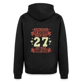 Niemand ist perfekt. Aber mit 27 ist man nah dran. - Unisex Premium Bio Zip Hoodie - Schwarz - Hinten - Nico (187cm)