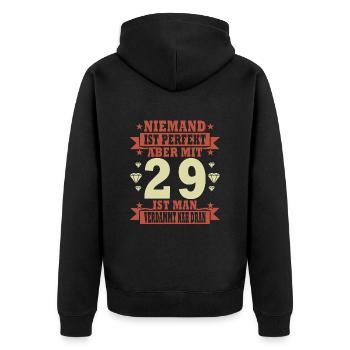 Niemand ist perfekt. Aber mit 29 ist man nah dran. - Unisex Premium Bio Zip Hoodie - Schwarz - Hinten - Nico (187cm)