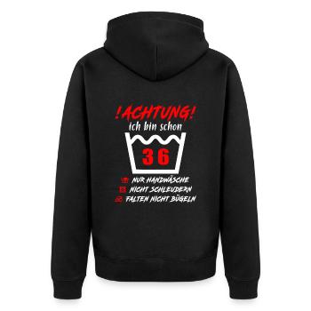 Schonend Behandeln 36 Jahre - 36. Geburtstag - Unisex Premium Bio Zip Hoodie - Schwarz - Hinten - Nico (187cm)