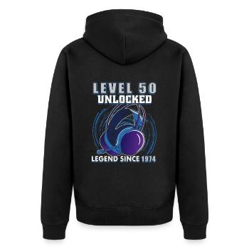 Level 50 freigeschaltet Legendär seit 1974 - Unisex Premium Bio Zip Hoodie - Schwarz - Hinten - Nico (187cm)
