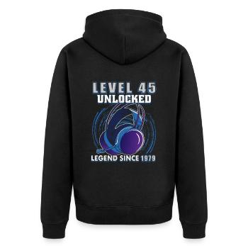 Niveau 45 débloqué Légendaire depuis 1979 - Veste à capuche bio Premium Unisexe - noir - Dos - Nico (187cm)