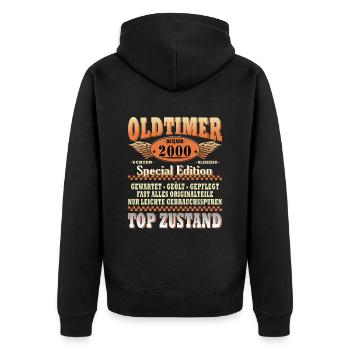 Limitierte Auflage 2000 24-jähriges Jubiläum - Unisex Premium Bio Zip Hoodie - Schwarz - Hinten - Nico (187cm)