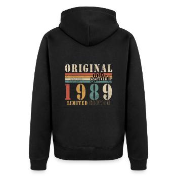 Old School 1989 - Jahrgang 1989 - Unisex Premium Bio Zip Hoodie - Schwarz - Hinten - Nico (187cm)