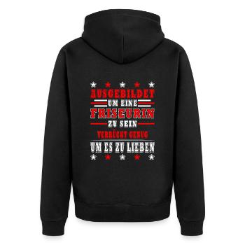 Friseurin Friseur Frisörin Friseuse Spruch Motiv - Unisex Premium Bio Zip Hoodie - Schwarz - Hinten - Nico (187cm)