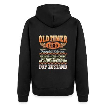 Lustiger Oldtimer 1980 Geburtstag Spruch - Unisex Premium Bio Zip Hoodie - Schwarz - Hinten - Nico (187cm)