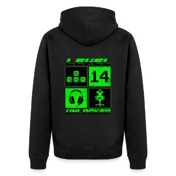 Level 14 Unlocked Zocker 14 Geburtstag Geschenk - Unisex Premium Bio Zip Hoodie - Schwarz - Hinten - Nico (187cm)