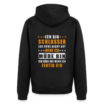 SCHLOSSER - Der Fertigsteller - Unisex Premium Bio Zip Hoodie - Schwarz - Hinten - Nico (187cm)