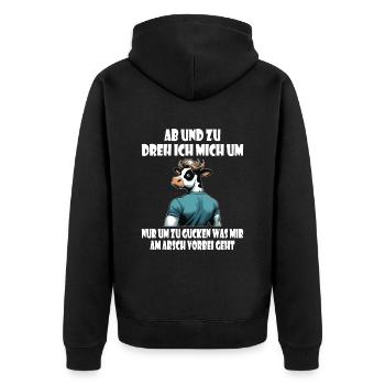 Kuh umdrehen - gucken was mir am Arsch vorbei geht - Unisex Premium Bio Zip Hoodie - Schwarz - Hinten - Nico (187cm)