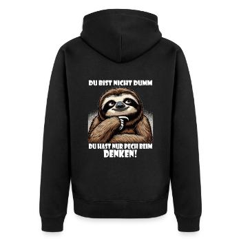 Faultier nicht dumm - Pech beim Denken - Unisex Premium Bio Zip Hoodie - Schwarz - Hinten - Nico (187cm)