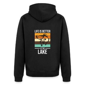 Das Leben ist besser am See Angler Fischerspruch - Unisex Premium Bio Zip Hoodie - Schwarz - Hinten - Nico (187cm)